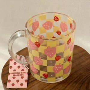 Set of 2 Pink and Yellow Checkerboard Strawberry Glass Mugs Adorable